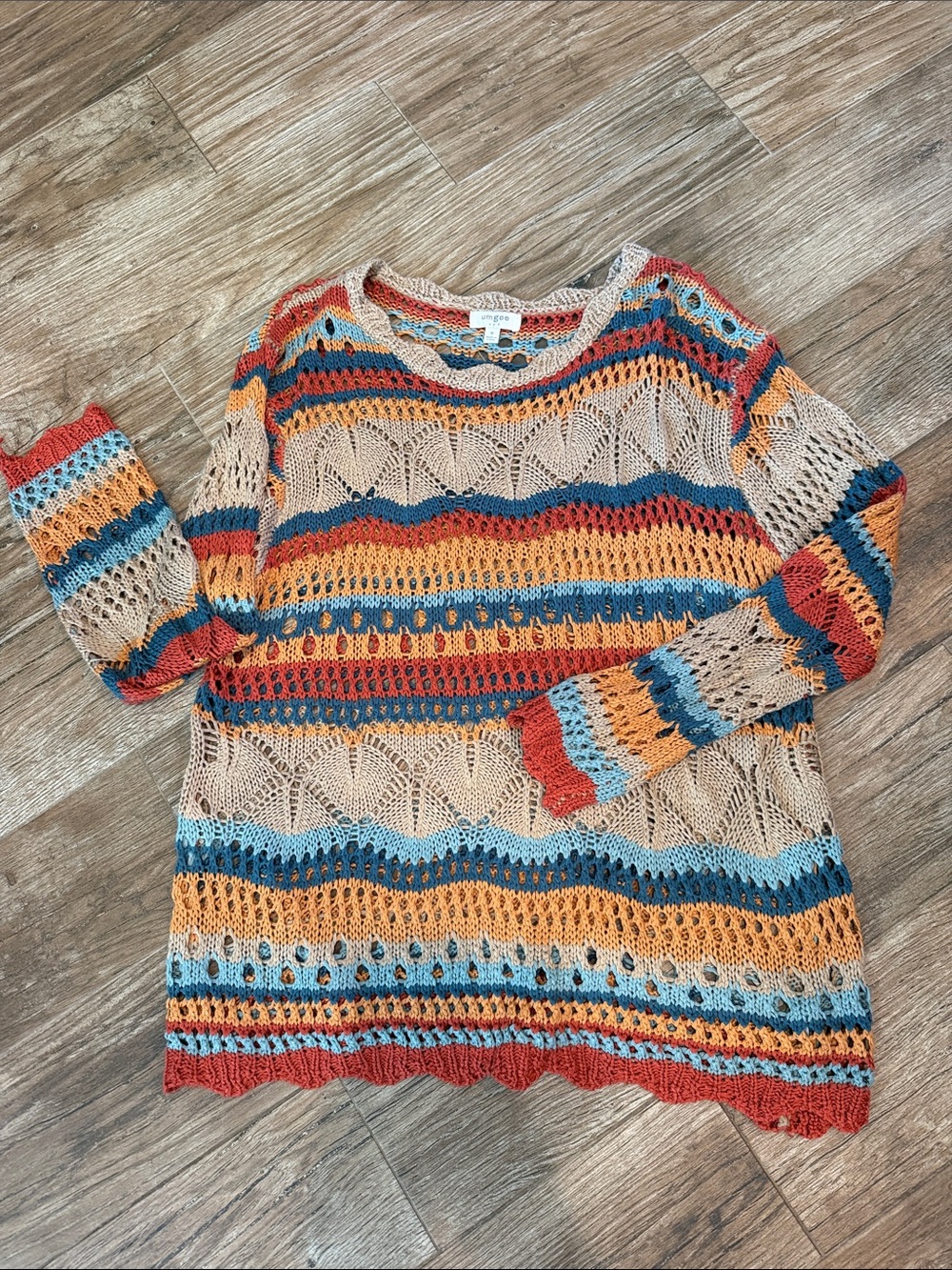Umgee Lightweight Striped Open-Knit Sweater - Beige Multi